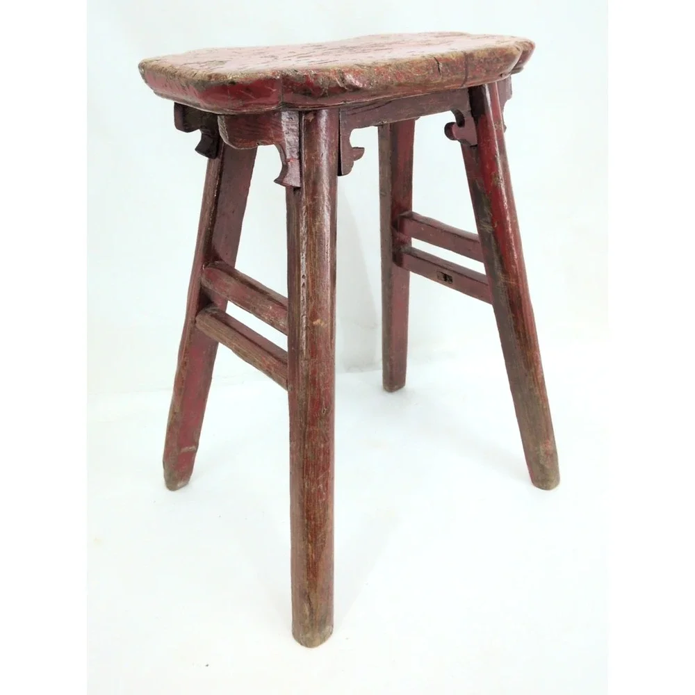 Antique Chinese Elm Red Painted Stool Chair Primitive 1900 Mortise Tenon Bench
